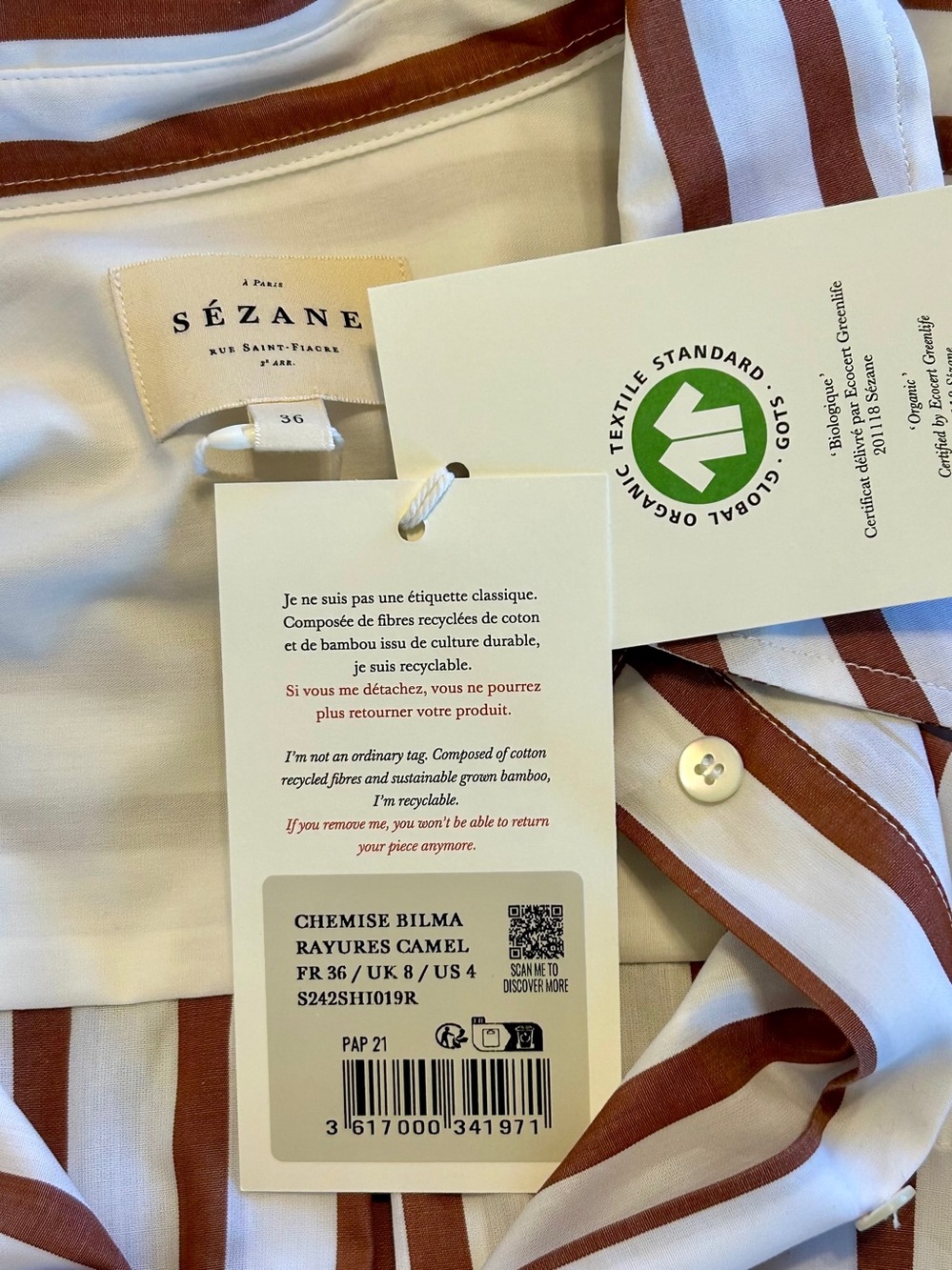 BNWT SZ 4 / 36 SÉZANE Bilma Brown and Ecru Striped Button Down 🇫🇷‼️ - Picture 6 of 8
